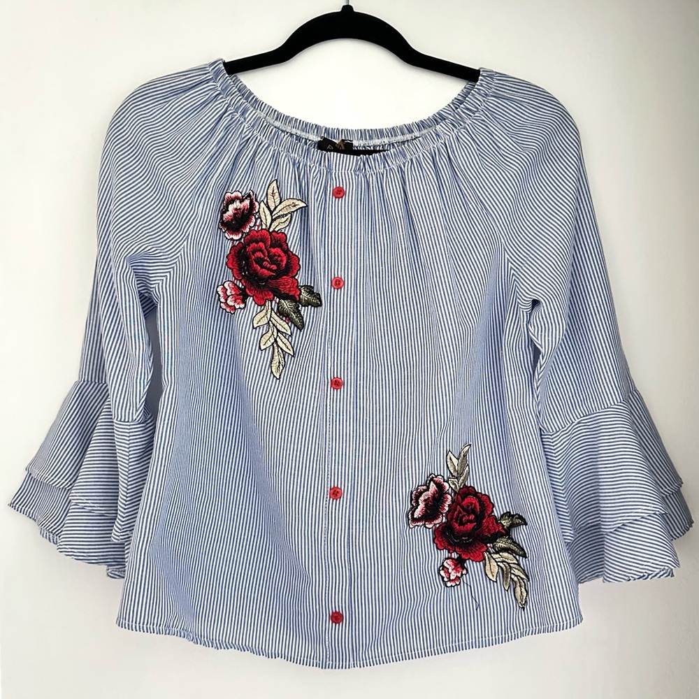 Striped Blue Off-Shoulder Top with Red Floral Embroidery